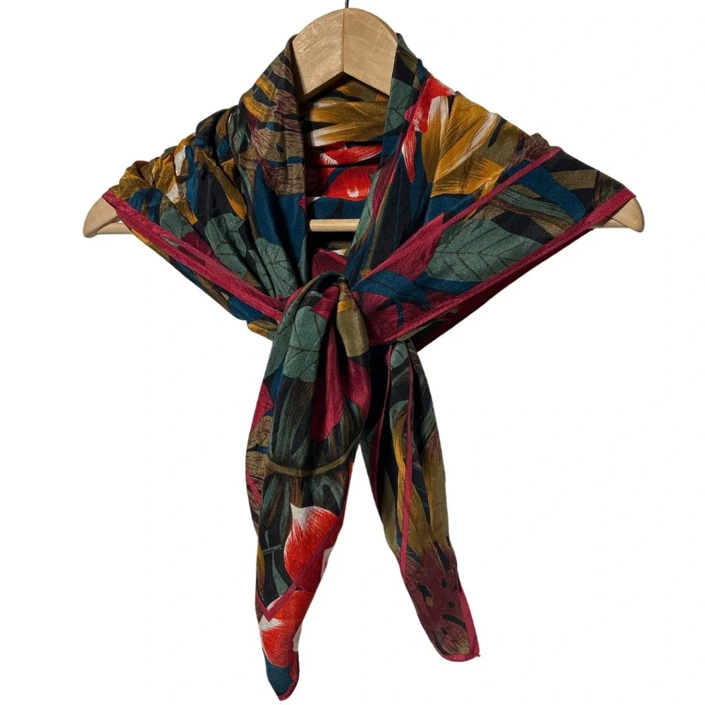VTG Art of the Scarf Tie Rack London Scarf Teal‎ Red Monstera Floral 32